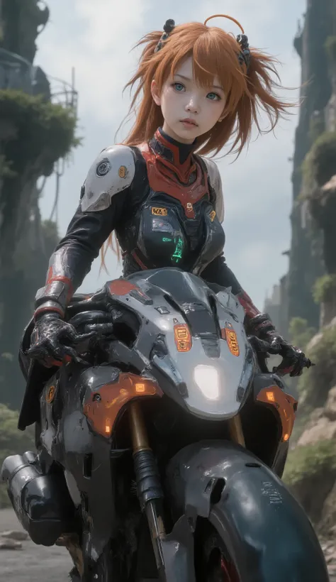 Anime girl riding a motorcycle with a backpack on her back, cool Mecha style, # Mecha, Mecha inspired, female Mecha, by Kamisaka Sekka, Mecha art, Mecha anime, animated robot mixed with organic matter, Zoids Art, :14 FLCL + Akira, seapunk Mecha, Mecha huma...