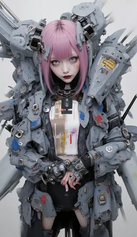 the young girl exudes a stylish and casual look, is wrapped in a surreal ensemble of mechanical armor、It contrasts with vibrant skin. her bright blue eyes and expressive face are short, pink hair, similar to her It gives an energetic attitude. She wears a ...