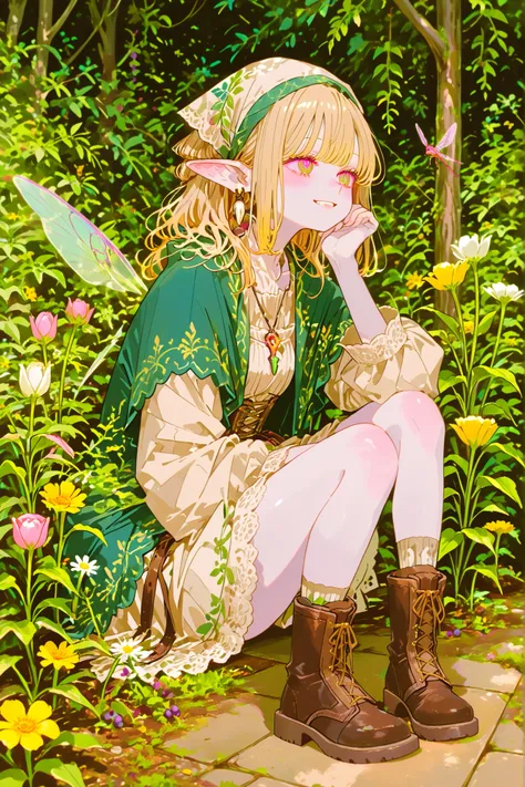 (748cmstyle,ima_AI123,) Tooth faèrie princess. She has tall, thin miniature physique. She has holographic dragonfly wings. She has pale ivory skin and long pointy elf ears. Her eyes are sky-blue. She has longest floor-length golden-blonde ringlet hairstyle...