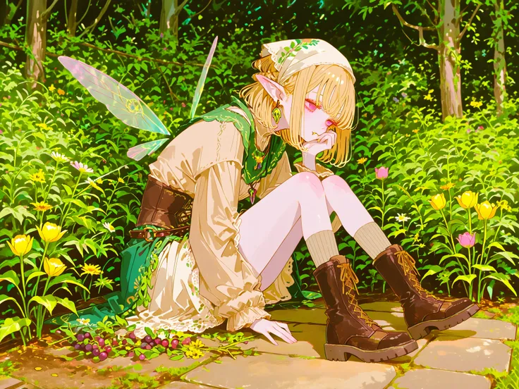 (748cmstyle,ima_AI123,) Tooth faèrie princess. She has tall, thin miniature physique. She has holographic dragonfly wings. She has pale ivory skin and long pointy elf ears. Her eyes are sky-blue. She has longest floor-length golden-blonde ringlet hairstyle...