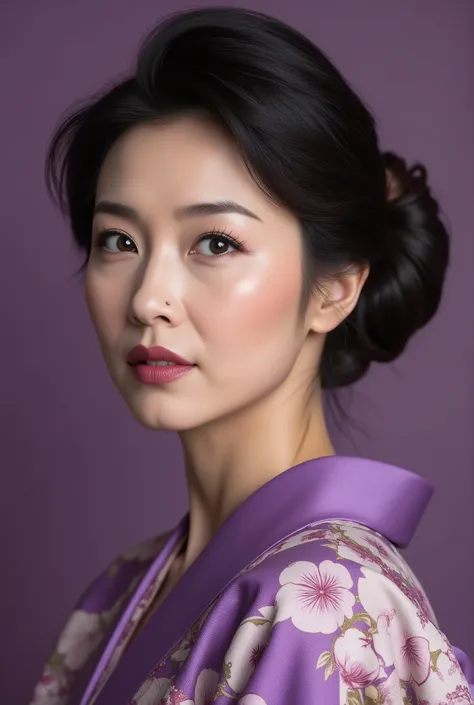  She wears a Meiji-era courtesan kimono featuring a flowing wisteria pattern on a gorgeous purple background、 A close-up portrait of a captivating 50-year-old Japanese woman.  Her hair is styled in side-swept Hollywood waves,  Evoking the timeless allure o...