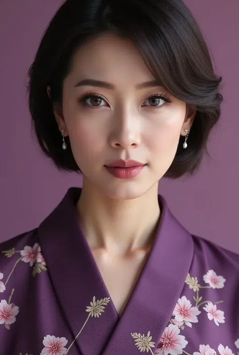  She wears a Meiji-era courtesan kimono featuring a flowing wisteria pattern on a gorgeous purple background、 A close-up portrait of a captivating 50-year-old Japanese woman.  Her hair is styled in side-swept Hollywood waves,  Evoking the timeless allure o...
