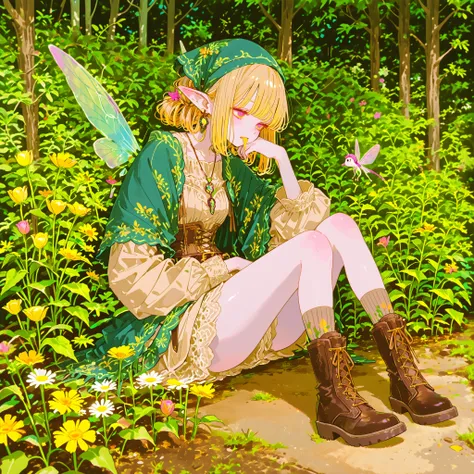 (748cmstyle,ima_AI123,) Tooth faèrie princess. She has tall, thin miniature physique. She has holographic dragonfly wings. She has pale ivory skin and long pointy elf ears. Her eyes are sky-blue. She has long loose golden-blonde ringlet hairstyle decorated...