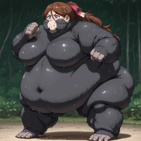  kenshinsatsuki, purple eyes, brown hair, hair between eyes, hair ribbon, long hair, ponytail BREAK, naked, ,  fat, chubby, obese, gigantic arms and legs, large breasts, sweating, wet body, swollen face, Fat_neck , Fat head , eyes with crushed cheeks , nos...