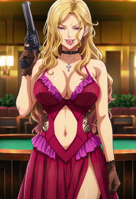 ((masterpiece)),(((best quality))),((ultra-detailed)),((illustration)),((disheveled hair)),((frills)),(1 girl),(solo), Rui \( Okusama no Kaifuku Jutsu\), blonde hair, long hair, purple eyes, lips, lipstick, makeup,mature,sexy, evil smile,evil grin,mature,s...