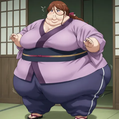  kenshinsatsuki, purple eyes, brown hair, hair between eyes, hair ribbon, long hair, ponytail BREAK
purple kimono, blue sweatpants, sandals, ,  fat, chubby, obese, gigantic arms and legs, large breasts, sweating, wet body, swollen face, Fat_neck , Fat head...