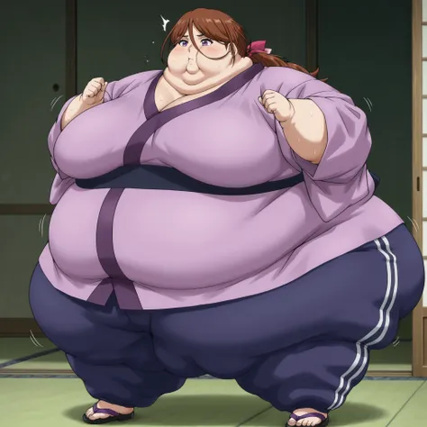  kenshinsatsuki, purple eyes, brown hair, hair between eyes, hair ribbon, long hair, ponytail BREAK
purple kimono, blue sweatpants, sandals, ,  fat, chubby, obese, gigantic arms and legs, large breasts, sweating, wet body, swollen face, Fat_neck , Fat head...