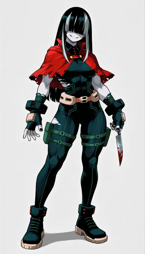 ((Highest Quality)), ((Simple Light Grey Background)), ((My Hero Academia Style)), standing, 1girl, full body, Standing, breast, thighs, shins, solo, medium chests, athletic body, toned body, thick body, black hair, hime cut, long hair, hair over the eyes,...