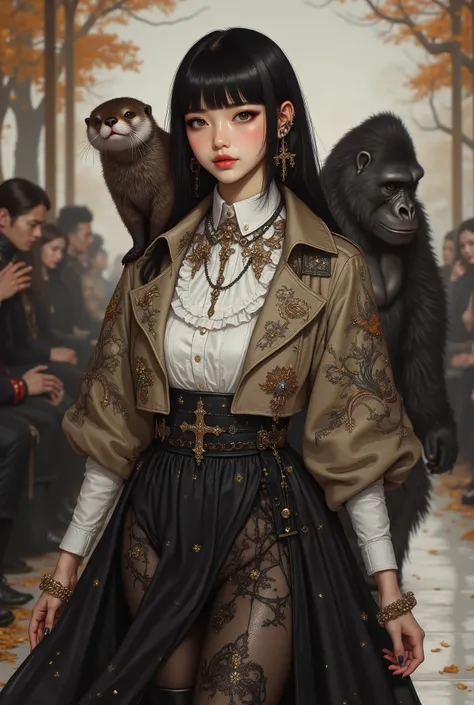 close-up、Fashion model showing off beautiful nail art、 runway、Face here and stand up and pose、Outstanding smile 、Oriental beauty with straight bangs, black hair, short bob、Short-clawed otter riding on shoulders、A beautiful gorilla by the side、Highest Quali...