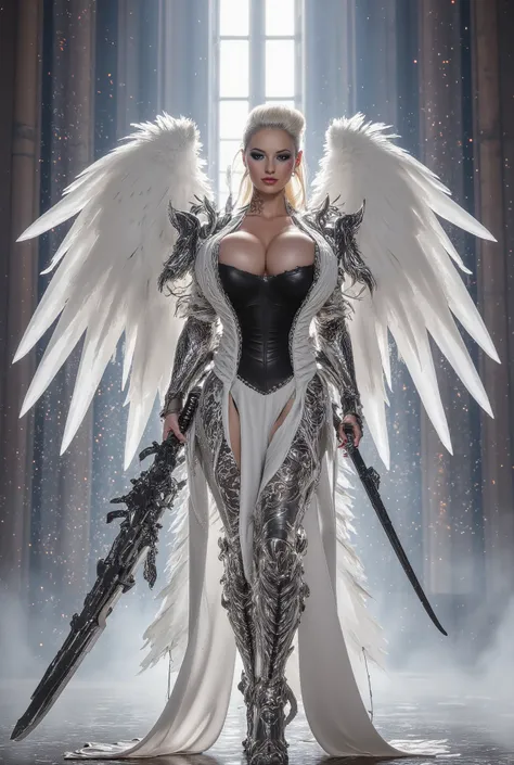 Masterpiece, best quality, extremely Beautiful face, glossy bold lips, black smoky eyeshadow, heavy eyelashes, extremely long red Nails, A digital fantasy art piece showcasing a female angel warrior within the grand interior of a gothic cathedral. She poss...
