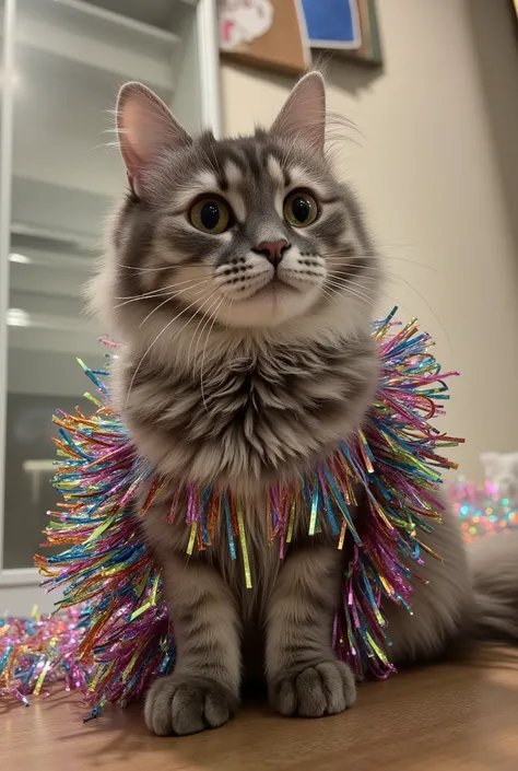 Cute Realistic long-haired gray tabby cat Wrapped In Rainbow Tinsel. Only Half Of Its Body Is Wrapped.