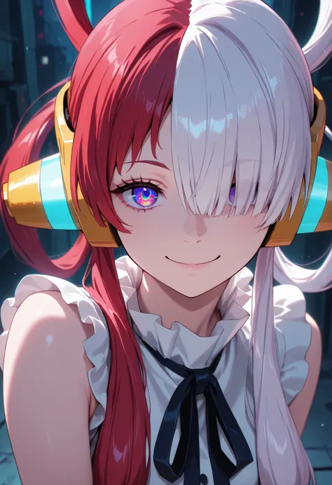 cyberpunk,(masterpiece, detailed:1.2),uta,1girl,solo,headphones,multicolored hair,two-tone hair,white hair,split-color hair,hair rings,long hair,smile,hair over one eye,looking at viewer,ribbon,