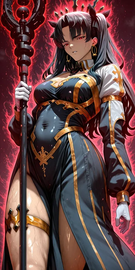 Hgk, (yoshio_(55level)-style:1.2), (imizu_(nitro_unknown)-style:1.4), (packge-style:1.2), (takeuchi_takashi-style:1.3), score_9, score_8_up, score_8, score_7_up, bouqtm, ishtar_(fate), red_eyes, parted bangs, long_hair, jewelry, earrings, black_hair, armle...