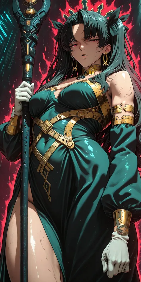 Hgk, (yoshio_(55level)-style:1.4), (imizu_(nitro_unknown)-style:1.4), (packge-style:1.2), (takeuchi_takashi-style:1.2), score_9, score_8_up, score_8, score_7_up, bouqtm, ishtar_(fate), red_eyes, parted bangs, long_hair, jewelry, earrings, black_hair, armle...