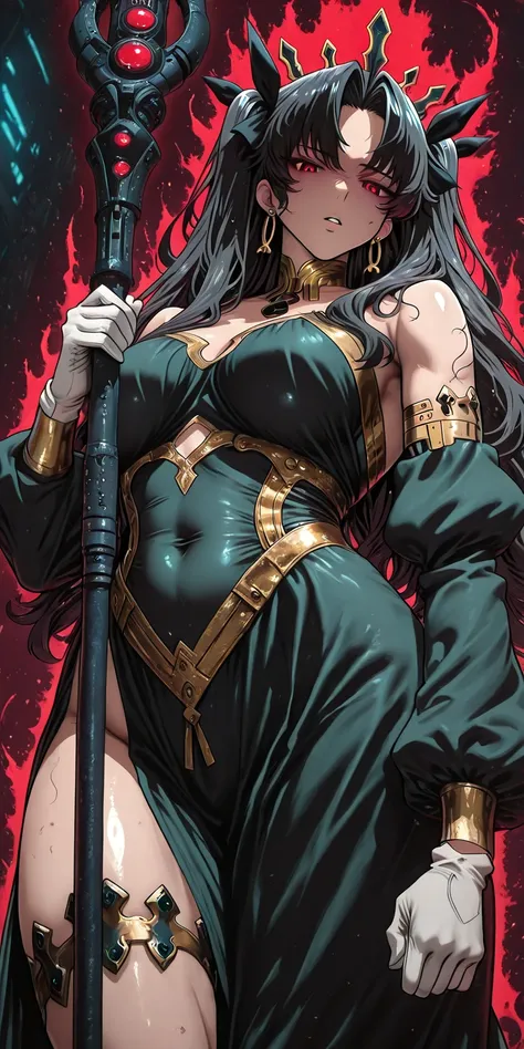 Hgk, (yoshio_(55level)-style:1.4), (imizu_(nitro_unknown)-style:1.4), (packge-style:1.2), (takeuchi_takashi-style:1.2), (osiimi-style) score_9, score_8_up, score_8, score_7_up, bouqtm, ishtar_(fate), red_eyes, parted bangs, long_hair, jewelry, earrings, bl...