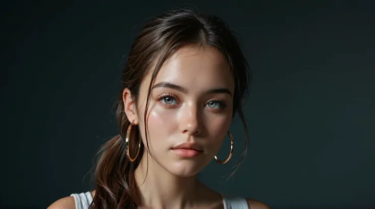 Score_9, Score_8_up, Score_7_up, Score_6_up, Score_5_up, Score_4_up. Ultra sharp and hyper realistic photography, optimal quality, detailed, cinematic lighting, high resolution. Caucasian woman, brunette, gray eyes, high and straight ponytail, gray eyes an...