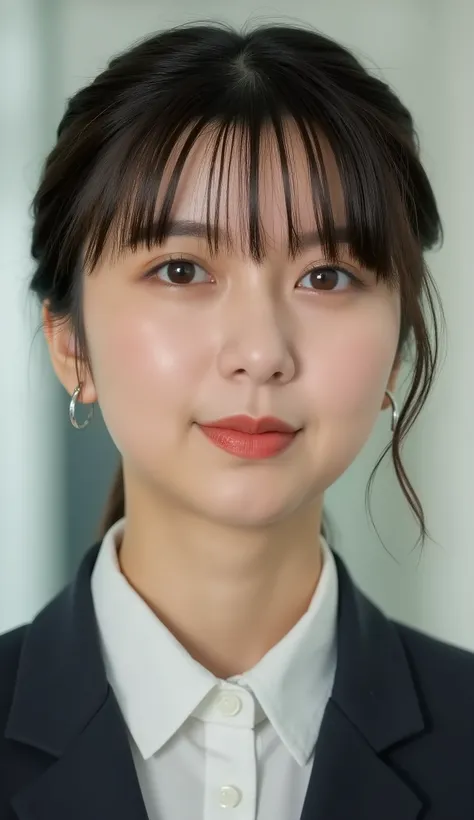 Neat Young Woman、looking at the camera、office lady suit、jacket、shirt、耳にピアス、、無表情、、face close-up、The background is office
