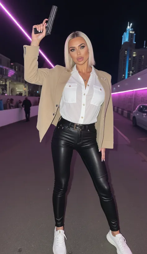 Kim Kardashian with Short blonde straight hair, Kim hat blaue Augen, Kim has squirted lips, in a white Jeans Shirt with collar and buttons and großen Dekolleté ,Kim trägt zusätzlich eine Beige Strickjacke and in tight black latex Leggings,, Kim is wearing ...