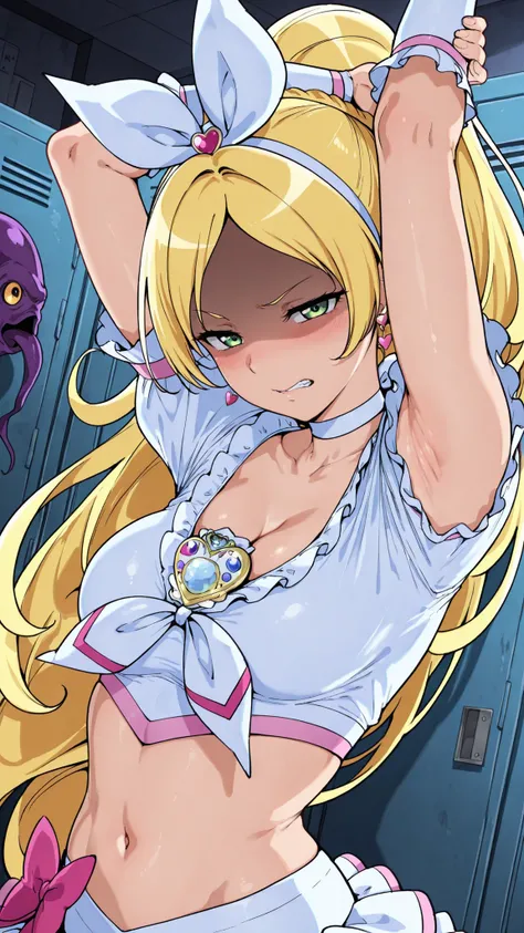 anime painted, Cure Rhythm,green eyes, wide ponytail, sleeveless, brooch, heart earrings, ribbon, arm warmers, Disconnect, belly button, 


,BREAK, armpit, Arms above head, left Arms above head. focus on armpit,
grossed out、 wow 、 gross, shaded face, ,blus...