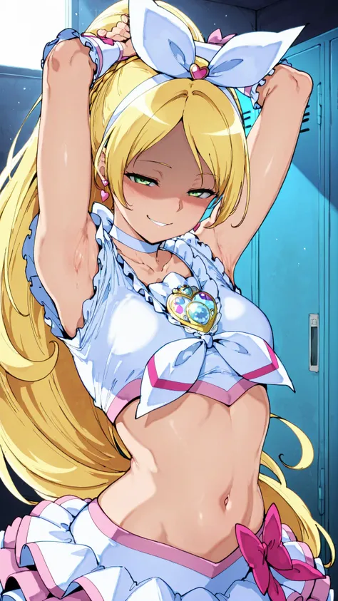 anime painted, Cure Rhythm,green eyes, wide ponytail, sleeveless, brooch, heart earrings, ribbon, arm warmers, Disconnect, belly button, 


,BREAK, armpit, Arms above head, left Arms above head. focus on armpit,
shaded face, ,blush,  (Narrowed Eyes:1.2),\(...