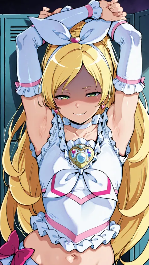 anime painted, Cure Rhythm,green eyes, wide ponytail, sleeveless, brooch, heart earrings, ribbon, arm warmers, Disconnect, belly button, 


,BREAK, armpit, Arms above head, left Arms above head. focus on armpit,
shaded face, ,blush,  (Narrowed Eyes:1.2),\(...