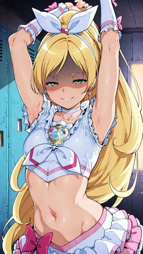 anime painted, Cure Rhythm,green eyes, wide ponytail, sleeveless, brooch, heart earrings, ribbon, arm warmers, Disconnect, belly button, 


,BREAK, armpit, Arms above head, left Arms above head. focus on armpit,
shaded face, ,blush,  (Narrowed Eyes:1.2),\(...