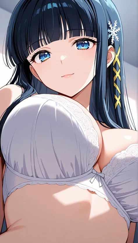 [[miyuki250219]],1lady, beauty, glossy lips,Rouge,detail eyes,dynamic angle,

shiba miyuki, black hair,long hair, blunt bangs, eyebrows visible through hair, blue eyes, snowflake hair ornament, yellow x hair ornament,white bra,white underwear,,(large breas...