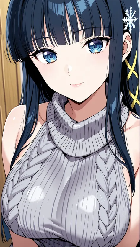 [[miyuki250219]],1lady, beauty, glossy lips,Rouge,detail eyes,dynamic angle,

shiba miyuki, black hair,long hair, blunt bangs, eyebrows visible through hair, blue eyes, snowflake hair ornament, yellow x hair ornament,,virgin killer sweater ,(large breasts:...