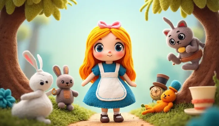 A charming felt doll style illustration of Alice from Alice’s Adventures in Wonderland. Alice is designed as a handmade felt doll with big expressive button eyes, wearing a blue dress and white apron, standing in a whimsical wonderland background. Surround...