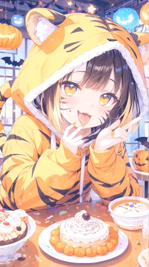super precise, Best quality, 8K Wallpaper, Girl in tiger cosplay, cute tiger pattern hoodie, tiger ears on a hood, wagging its tail, with a big smile, Gao pose with both hands, Halloween Eve, Orange and Striped Black Patterns, Tiger makeup, Paint your chee...