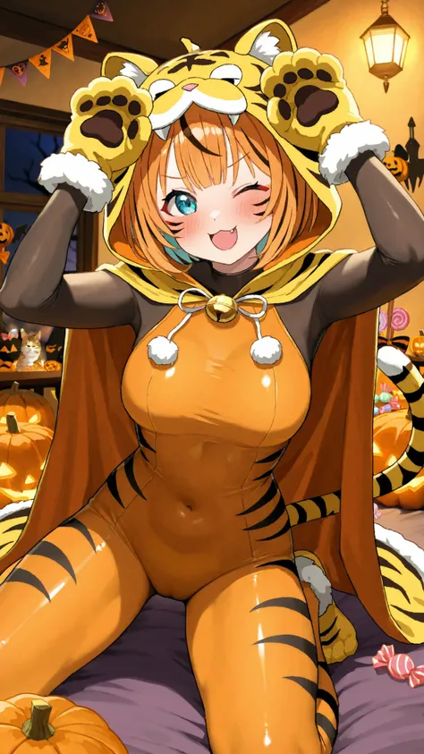 Highest Quality, Masterpiece, high resolution, Girl in tiger cosplay, Cute Tiger Hooded Cape, Playful expression, 「ー」Pose, tiger gloves, Furi Furi Tail, Orange and Black Bodysuit, Cat makeup, Wink, Halloween Party Venue, Pumpkin and Candy Decor, With frien...