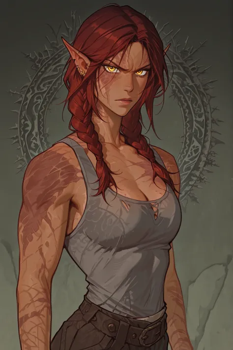 1 woman , image of a dark skinned woman, yellow eyes, looking at viewer,medium length red hair, twin low braids, bob hairstyle ,long slim body proportions, broad shoulders, muscular body, medium breasts, pointed ears, ((burn scars on left side of face and ...