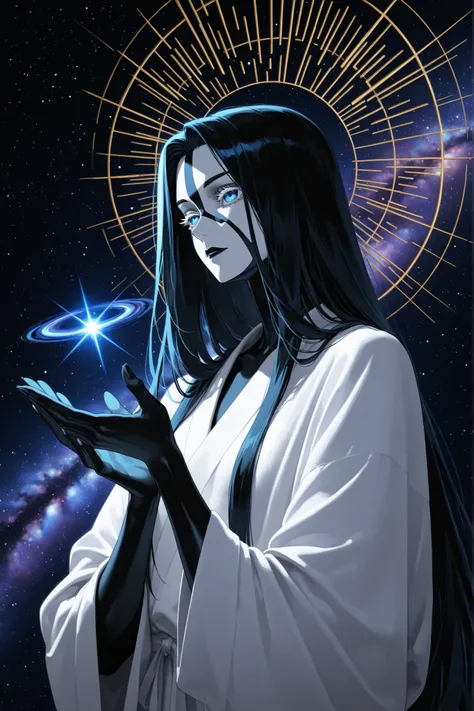 Long hair wearing a galaxy、Jet Black Skin、white lashes、Warbler eyes、Mysterious、white robe、outer space、two stars on the palm、