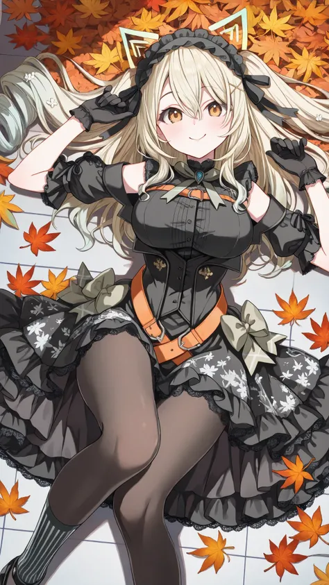 detailed background, focusing on radiant skin, Autumn maple leaves, completion, Smile Yan, elegant and eye-catching gothic holiday dress,black corset with lace details, shoulders are exposed, wrist-length black gloves, orange and black ruffles decorated...