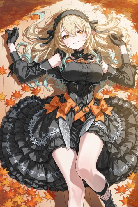 detailed background, focusing on radiant skin, Autumn maple leaves, completion, Smile Yan, elegant and eye-catching gothic holiday dress,black corset with lace details, shoulders are exposed, wrist-length black gloves, orange and black ruffles decorated...