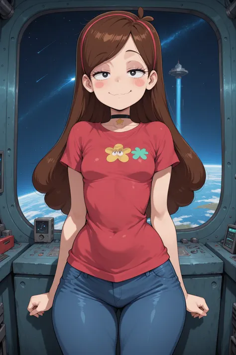 Mabel Pines, blush stickers, brown hair. black eyes. half-closed eyes, small breasts, huge hips. long eyelashes, choker. | masterpiece, best quality, amazing quality, constricted pupils, shirt, short sleeves, pants, red shirt, jeans, space elevator, tall, ...