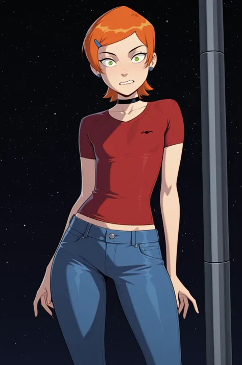 Gwen Tennyson . ginger . short hair . green eyes . flat breasts, flat chest, huge hips . slim body . choker . |  masterpiece, best quality, amazing quality, constricted pupils, shirt, short sleeves, pants, red shirt, jeans, space elevator, tall, space, fut...