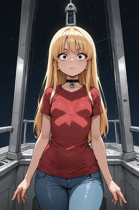 Pacifica Northwest, flat breasts, flat chest, skinny, huge hips, long hair, black eyes, blonde hair, choker , | masterpiece, best quality, amazing quality, constricted pupils, shirt, short sleeves, pants, red shirt, jeans, space elevator, tall, space, futu...