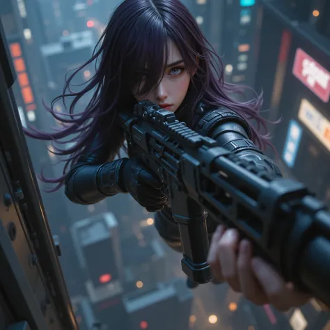 Photo Real、realistic skin texture、gun、extremely tight cyberpunk suit、beautiful long hair、dim cyberpunk city、Beautiful pale violet eyes、Black hair with slightly purple tips、高所から地面に着地してgunを向けて