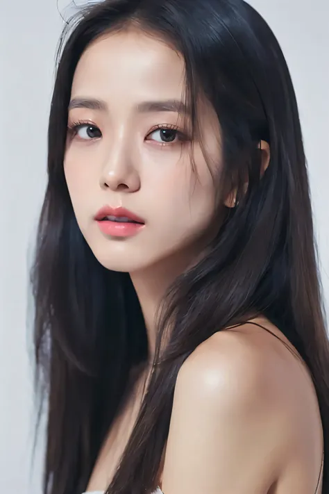(4k, best quality, highres:1.2), (realistic, photo-realistic:1.37), Jisoo, 1girl, solo, long hair, nose, parted lips , eyes, facing viewer, (looking at viewer :1.5), detailed eyes, brown eyes,
blush , realistic, solo, long eyelashes , makeup, upper b...