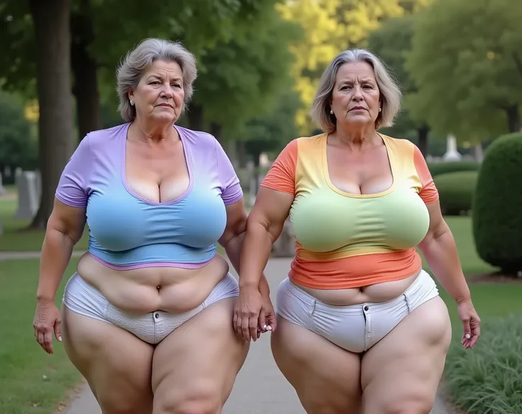 Two breathtakingly beautiful mature women aged 58 years, kurze graue Haare, very chubby figure with big hanging breasts and wide hips, seductive facial expression, wear tight T-shirts in rainbow colors plus tight white thongs, they go for a walk in the cem...