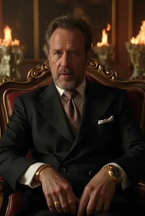 Create a video where a rich man in an elegant and rich style with a Rolex watch is sitting and saying that I'll burn 40 cars for 2 subscribers, and in the background, several bundles of money are being burned. He speaks in a serious tone with a hint of hum...