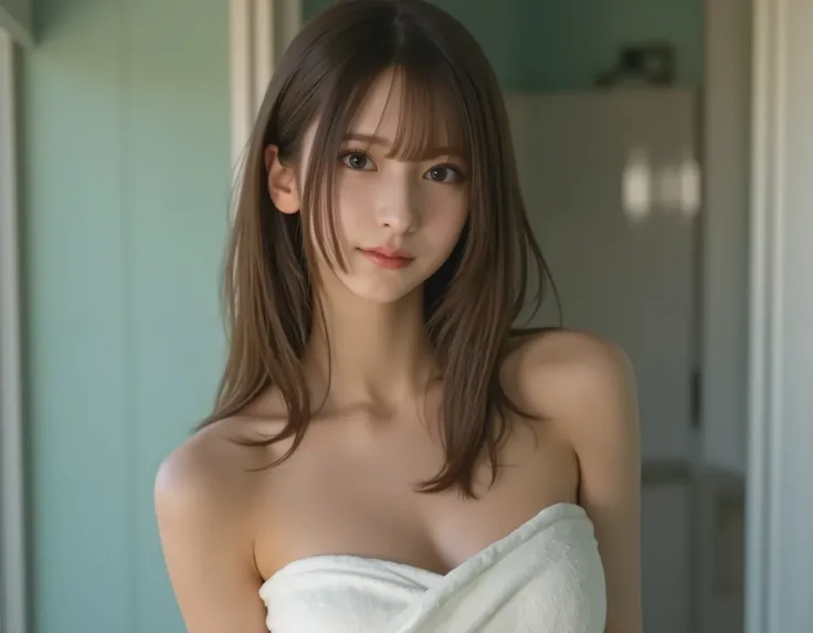 (((16K image))) 0-year-old brown-haired girl, long brunette hair, BIG BREASTS, she's in the bathroom, covering her chest with a towel, big boobs, wet hair, candid photo, Surrealistic, just finished a shower, Wet, wet, shower, Wet, towel wrapped around her ...