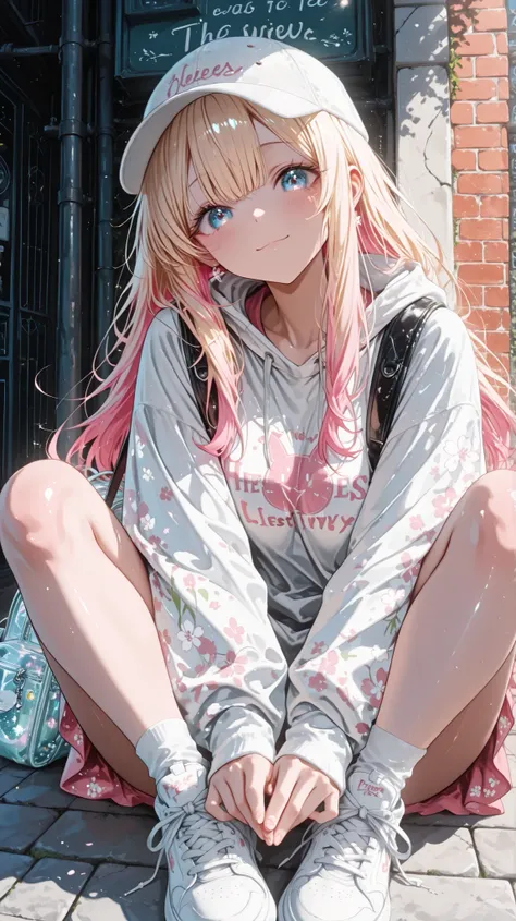 long hair, Blonde hair with pink highlights、sitting between two narrow alleys, bright ancient brick building. he wears light-colored clothes, with a large floral pattern that hangs loosely on her knees Sweatshirt. Her ensemble has a、a white baseball cap an...