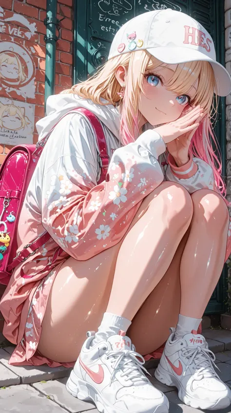 long hair, Blonde hair with pink highlights、sitting between two narrow alleys, bright ancient brick building. he wears light-colored clothes, with a large floral pattern that hangs loosely on her knees Sweatshirt. Her ensemble has a、a white baseball cap an...