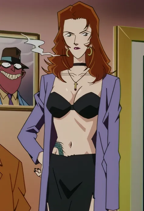  nana osanai, detective conan, case closed, retro artstyle,1990s \(style\), red lip,  slicked back hair, long hair, purple tie-front blouse, black strapless bra, showing navel, black short skirt,crescent earrings, necklace, fair skin, nail polish, ear pier...