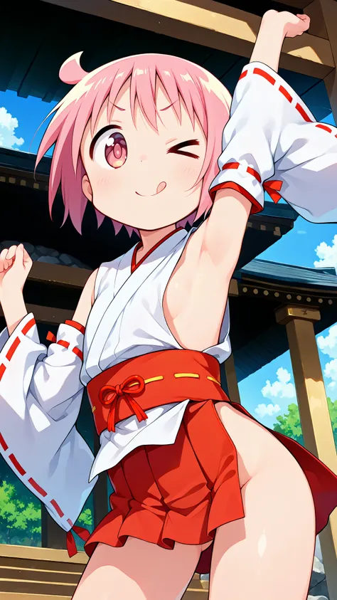 nonohara yuzuko, pink hair, short hair,ahoge, pink eyes,bangs,((anime style)),score_9, score_8_up, score_7_up, source_anime,solo,1girl, ((miko)),((mini slit red skirt)),((((slit skirt)))),ass visible through thighs,((Obi)) ,((Obi knot)), (flat chest) , ((s...