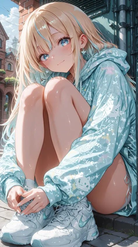 long hair, Blonde hair with light blue highlights、sitting between two narrow alleys, bright ancient brick building. he wears light-colored clothes, A large unpatterned sweatshirt that hangs loosely on the knee. Her ensemble has a、was completed with white s...