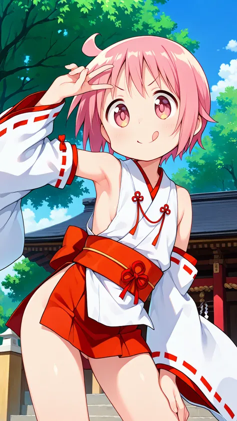 nonohara yuzuko, pink hair, short hair,ahoge, pink eyes,bangs,((anime style)),score_9, score_8_up, score_7_up, source_anime,solo,1girl, ((miko)),((mini slit red skirt)),((((slit skirt)))),ass visible through thighs,((Obi)) ,((Obi knot)), (flat chest) , ((s...
