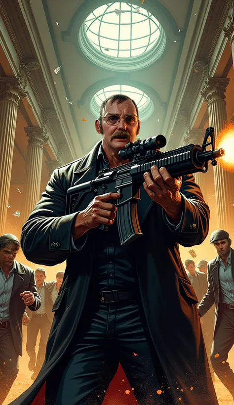 Man holding a machine gun , shouting, crushing a bank to rob, firing bullets in bank celing, bank employes are running shocked, image should be in comic book style 